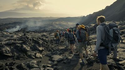 a group of people hiking up a mountain