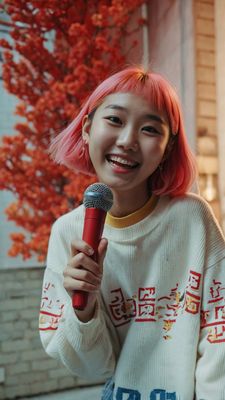 a woman with pink hair holding a microphone