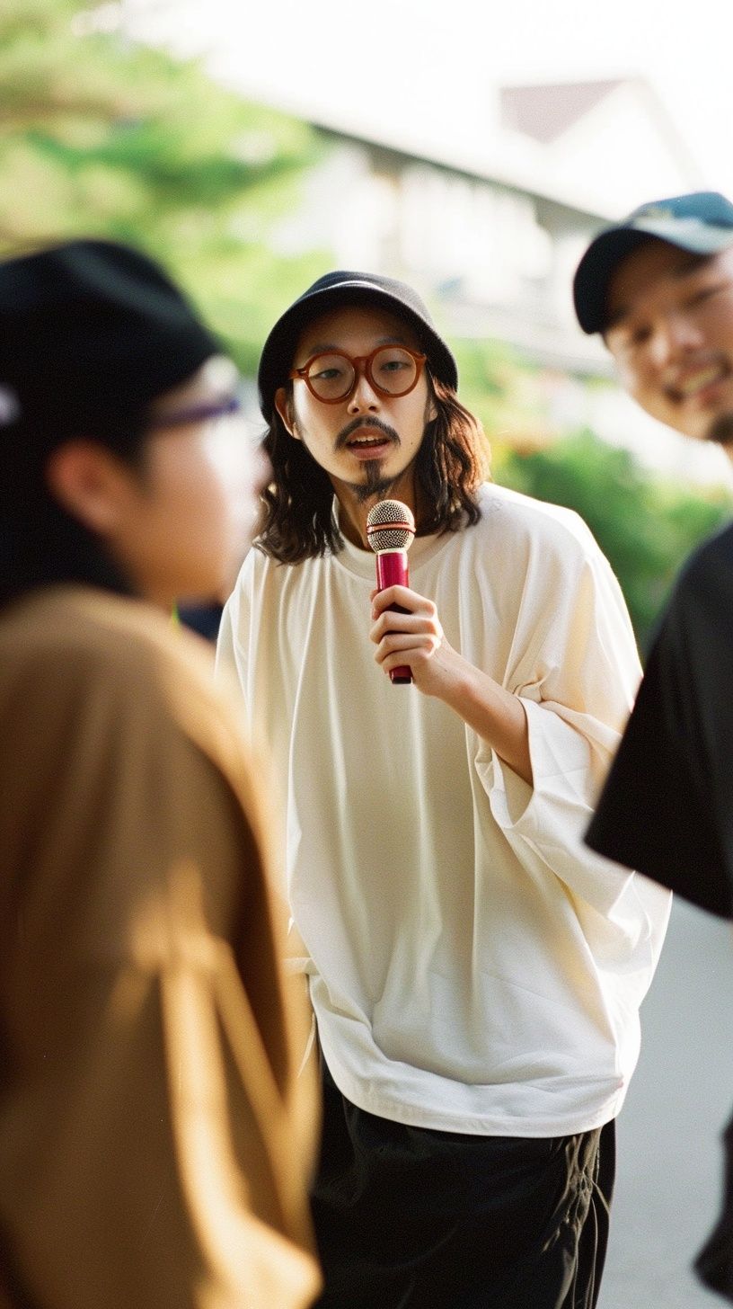 a man holding a microphone while standing next to a woman