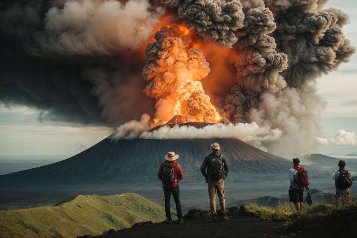 a group of people standing in front of a volcano