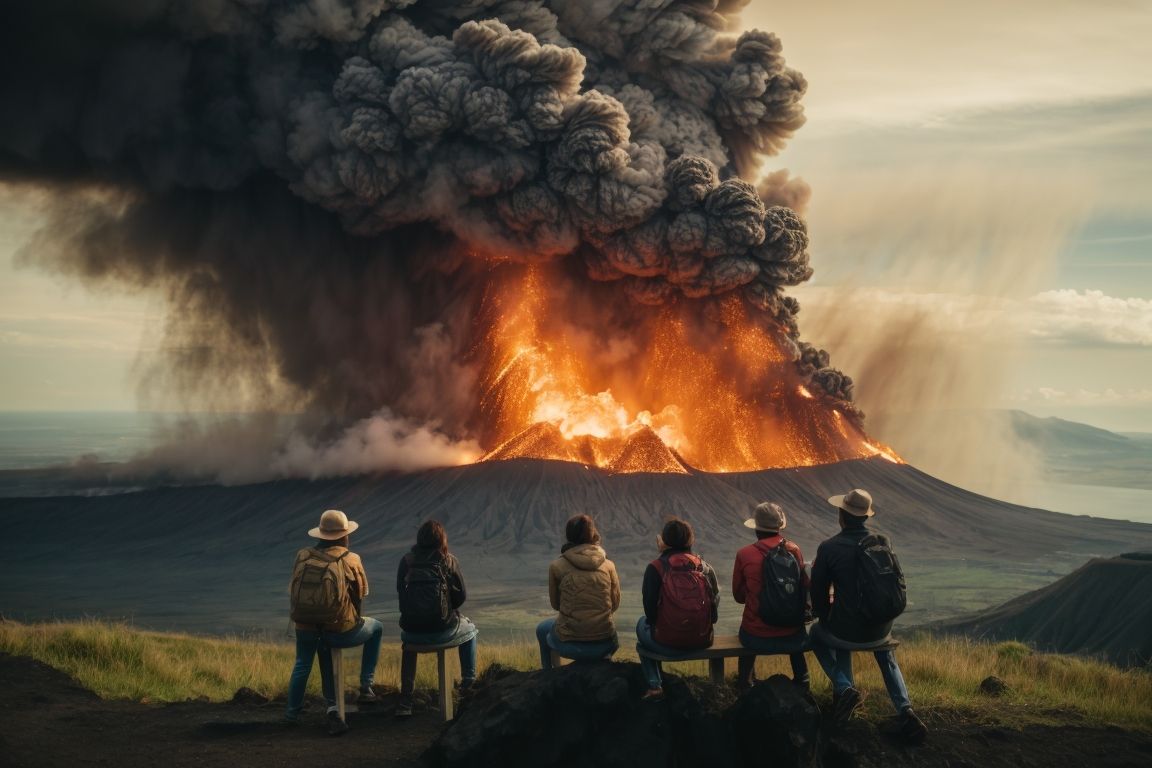 a group of people sitting on a bench looking at a volcano