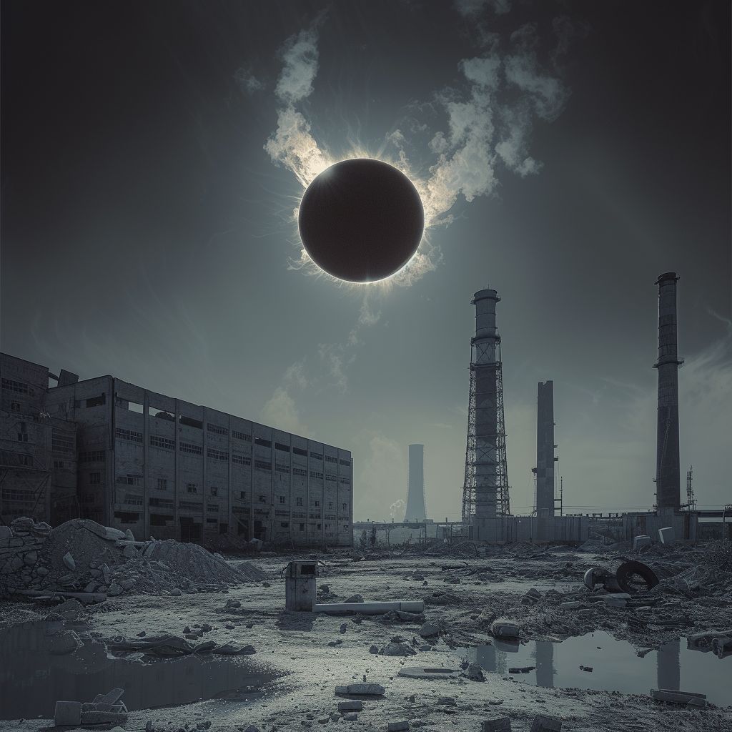 a solar eclipse in the sky over a factory