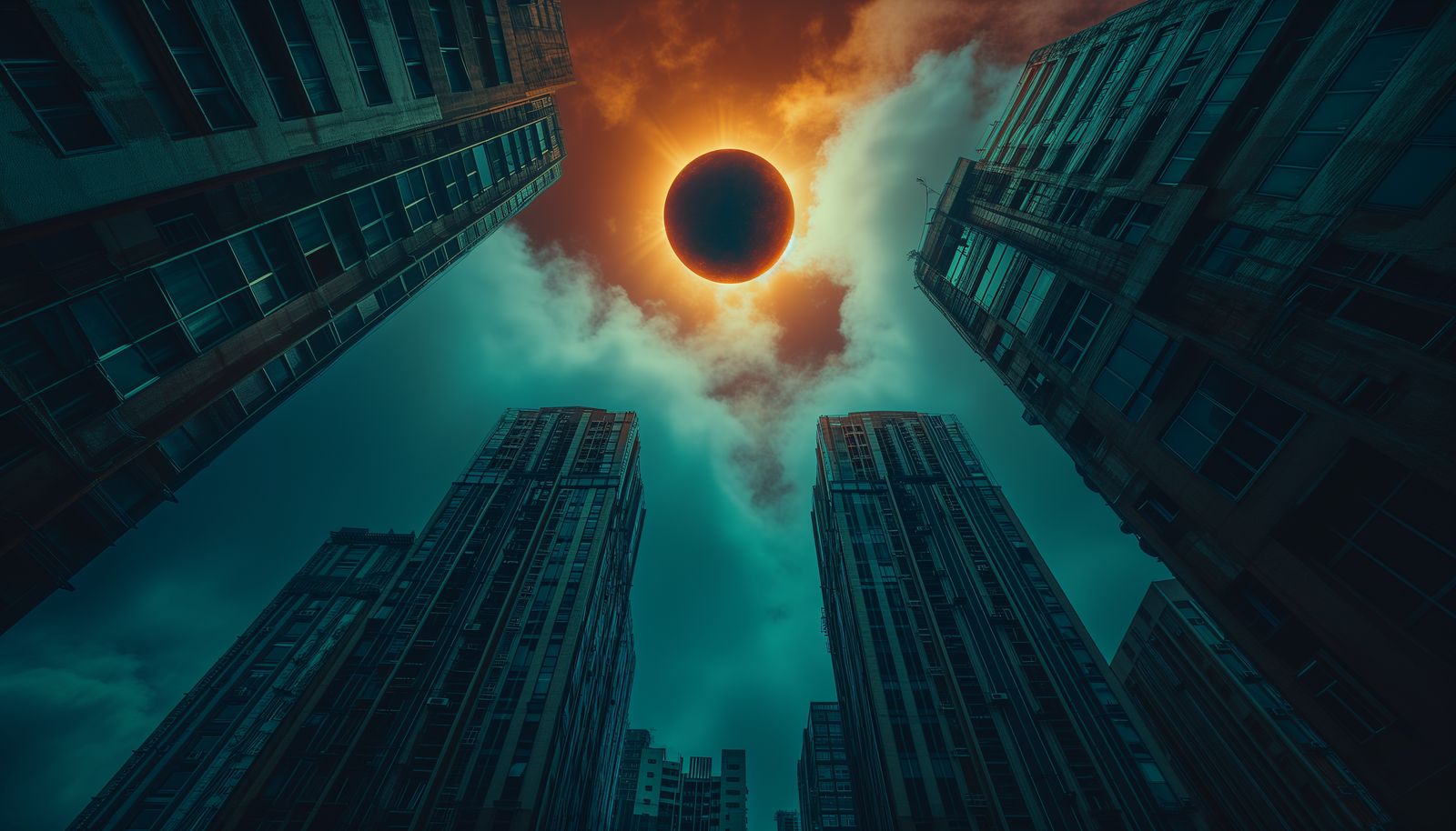 a eclipse in the sky between two tall buildings