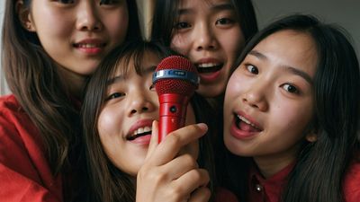 a group of asian women holding a microphone