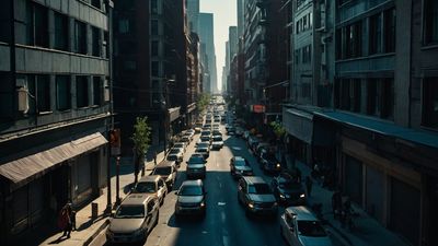 a city street filled with lots of traffic next to tall buildings