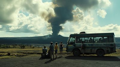 a group of people standing in front of a bus