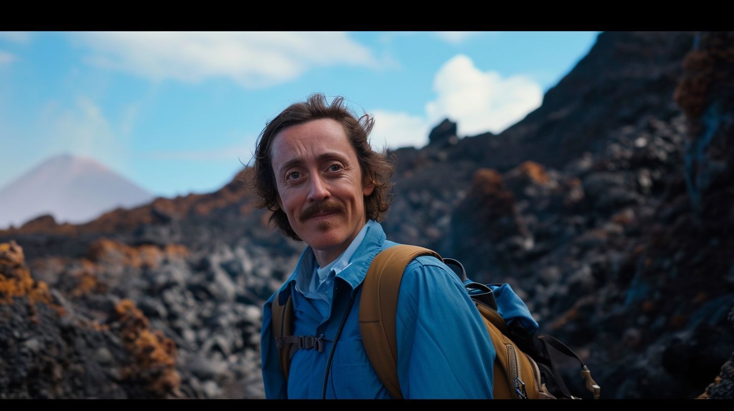 a man with a moustache standing in front of a mountain