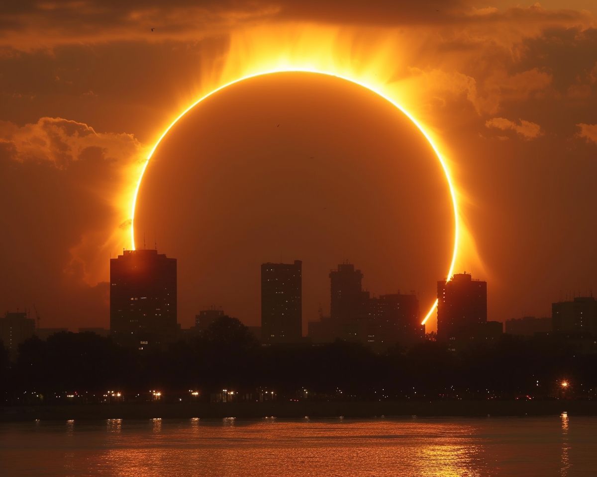 a sun eclipse is seen over a city skyline