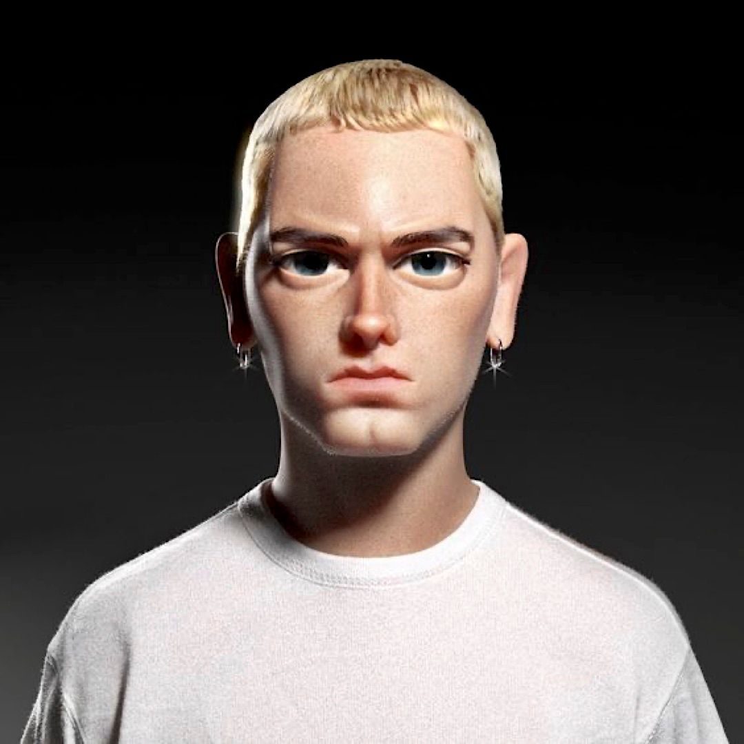 a male mannequin head wearing a white t - shirt