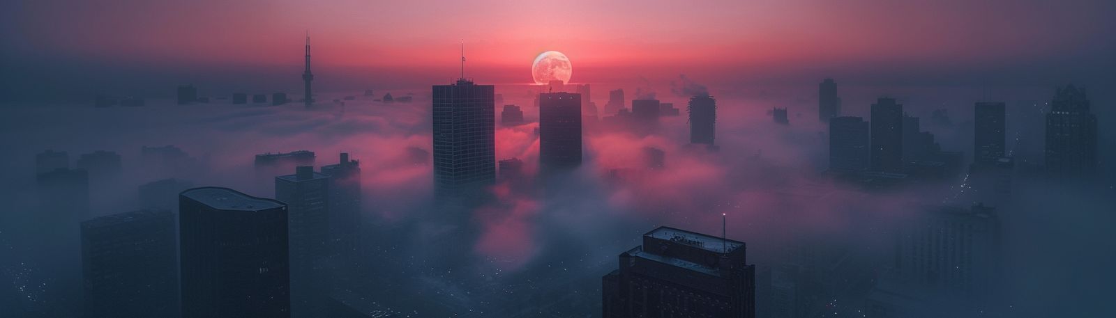 a foggy cityscape with skyscrapers in the distance