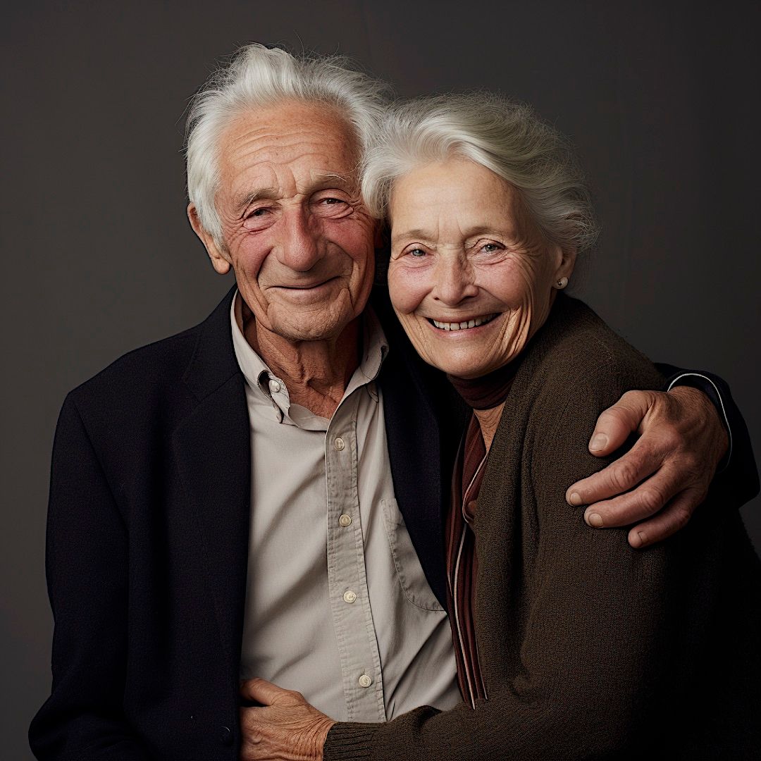 an older man and woman hugging each other