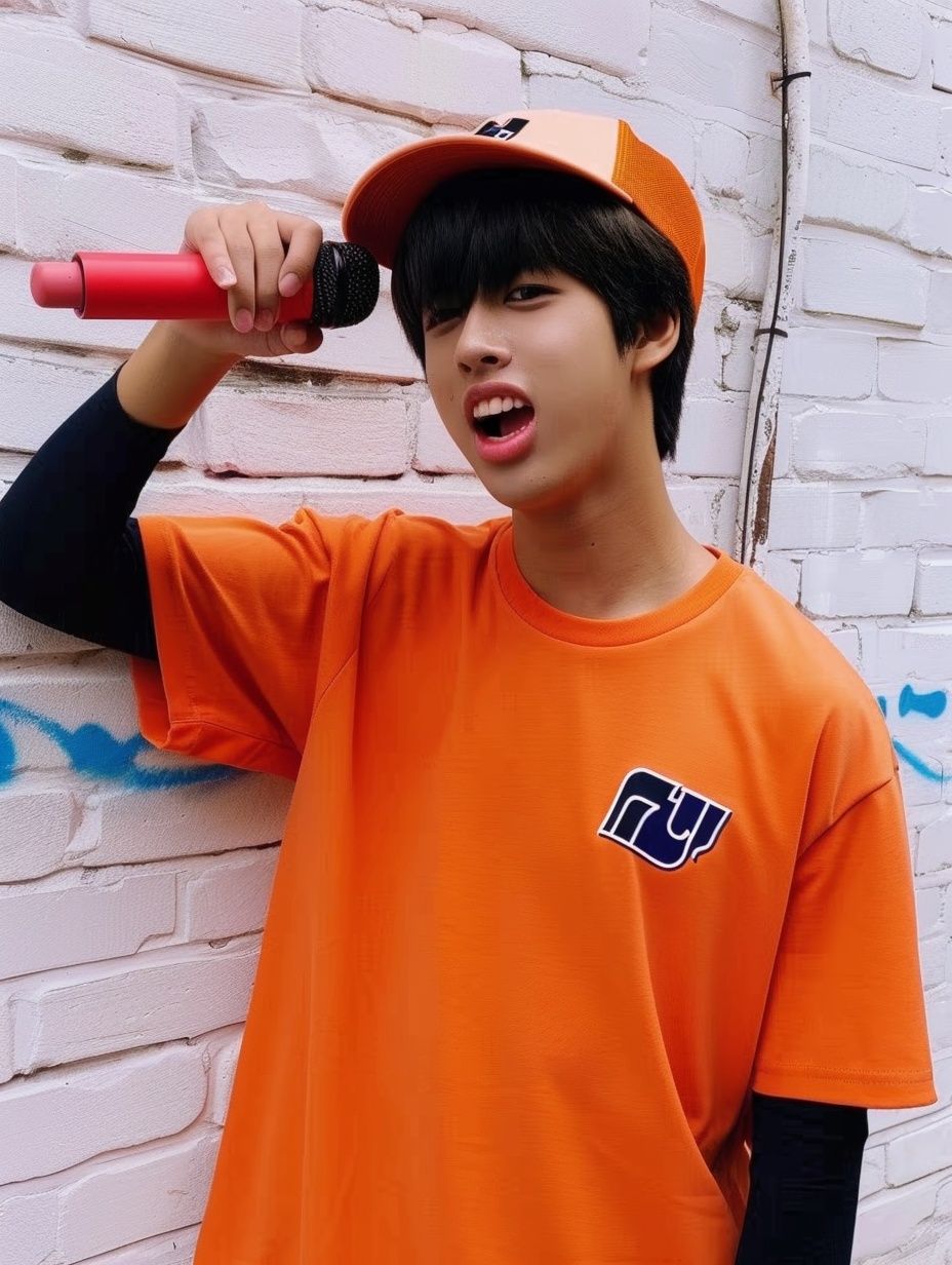 a boy in an orange shirt is holding a baseball bat