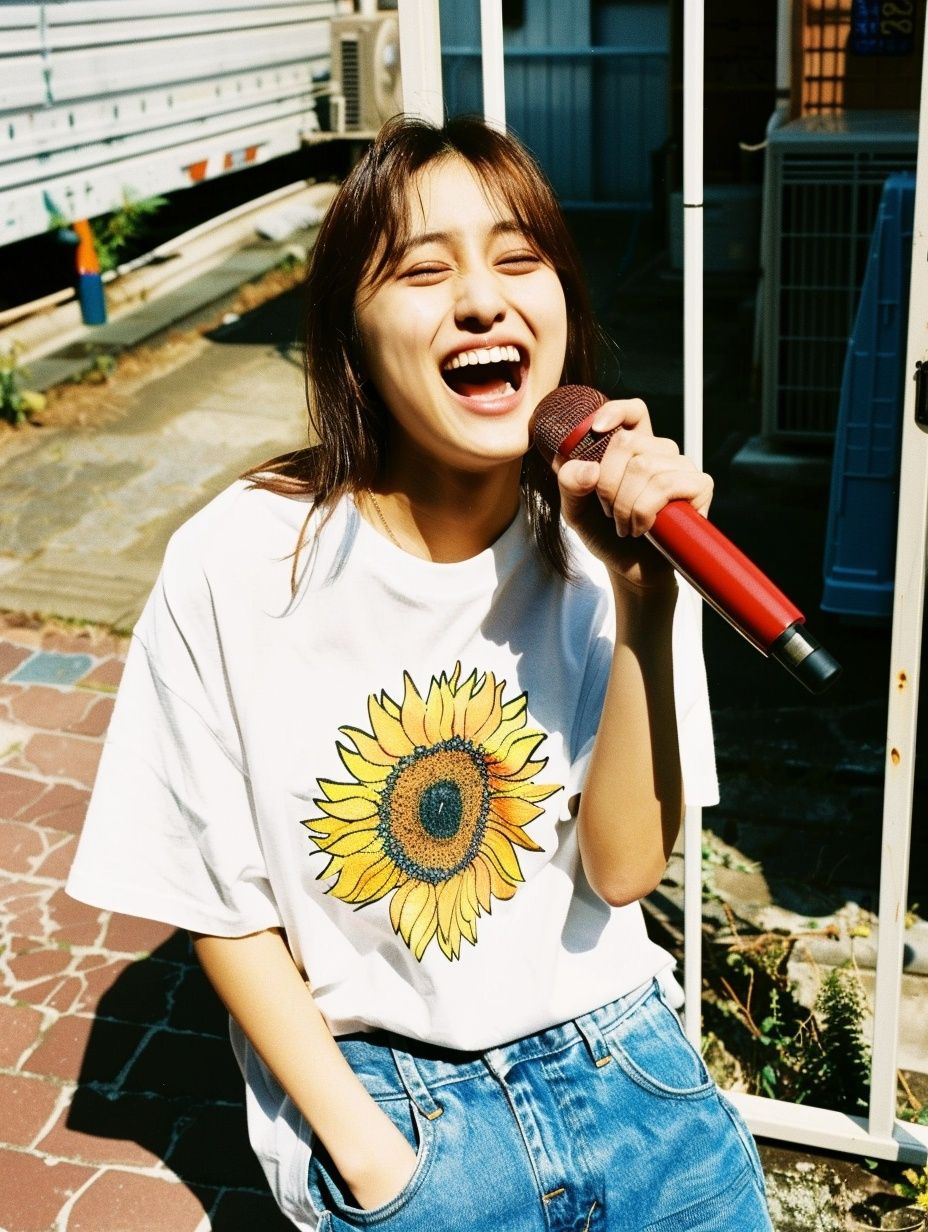 a woman singing into a microphone with a sunflower t - shirt on