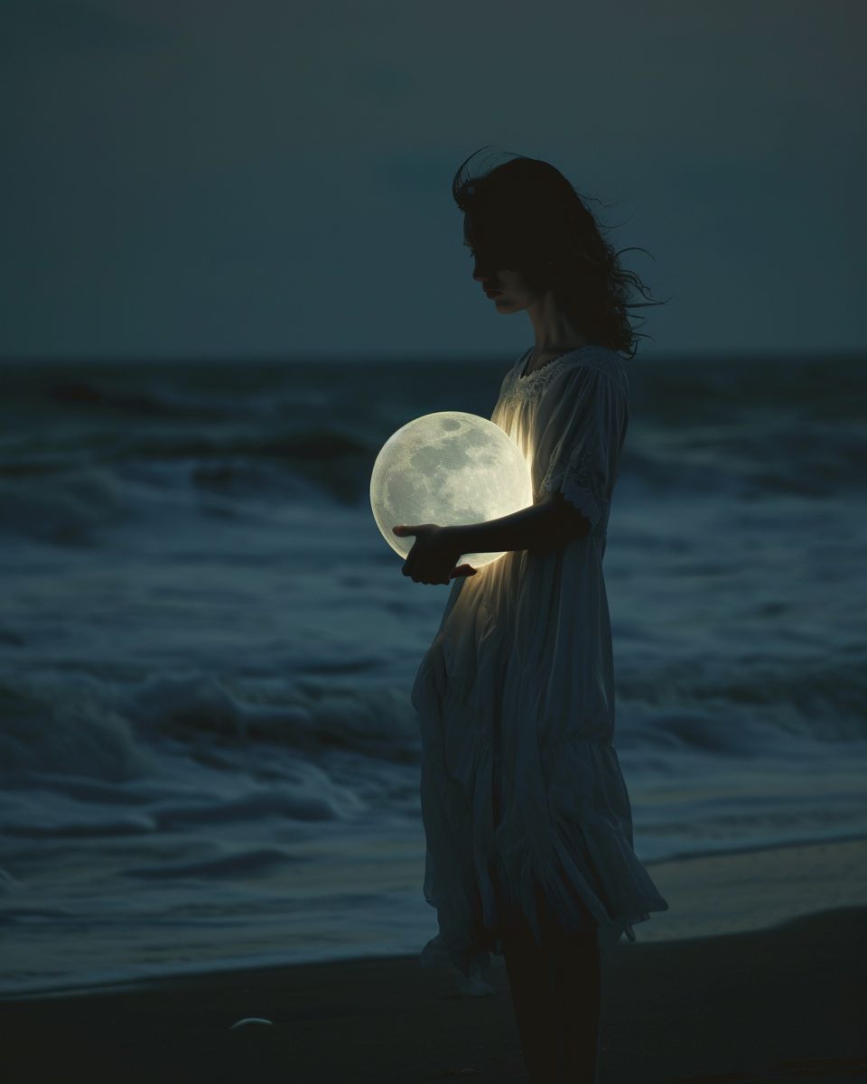 a woman standing on a beach holding a moon