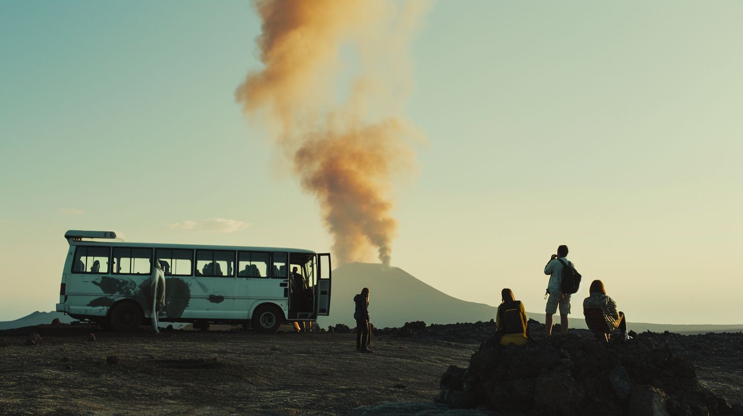 a group of people standing around a bus on top of a hill