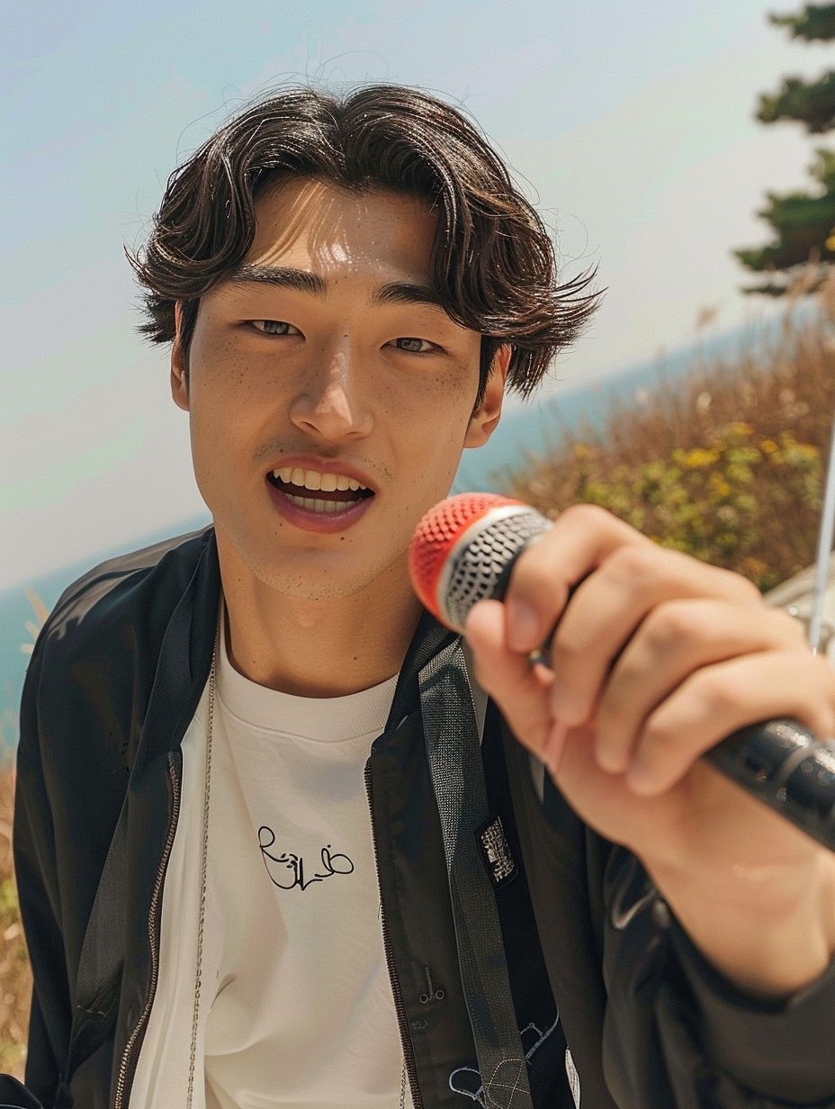 a young man holding a microphone in his right hand