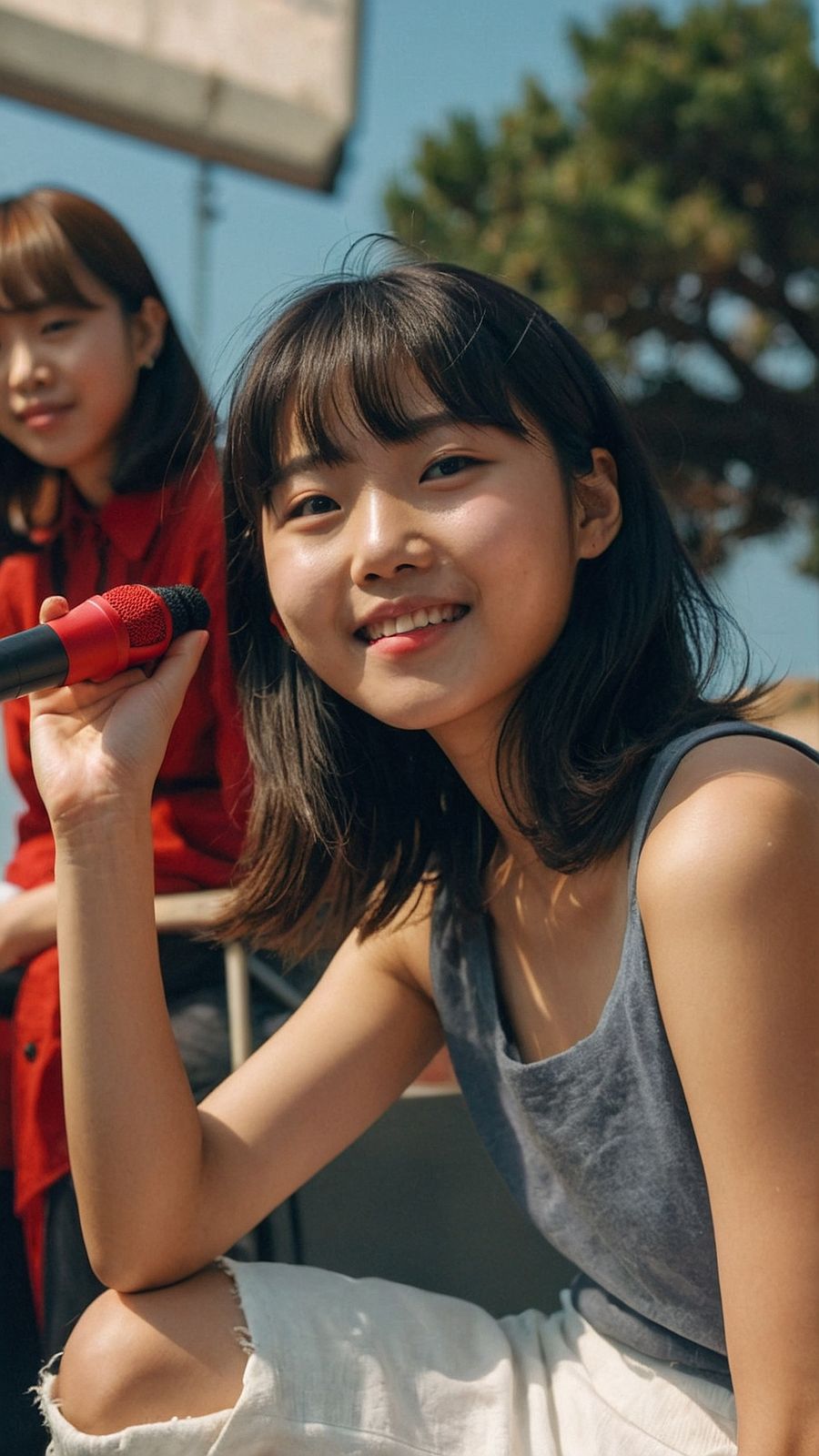 a woman sitting on a bench holding a microphone