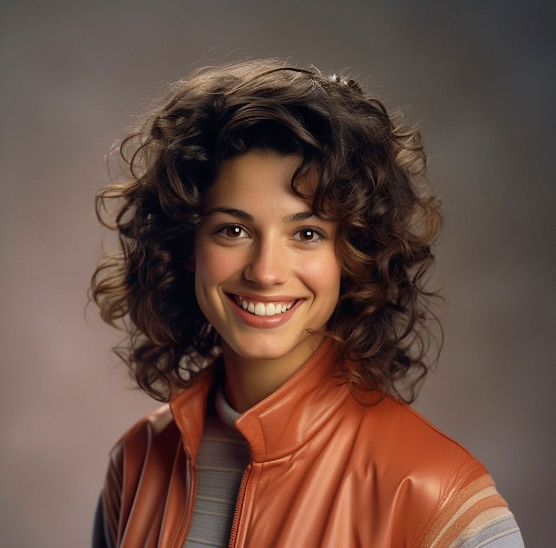 a woman with curly hair wearing a leather jacket