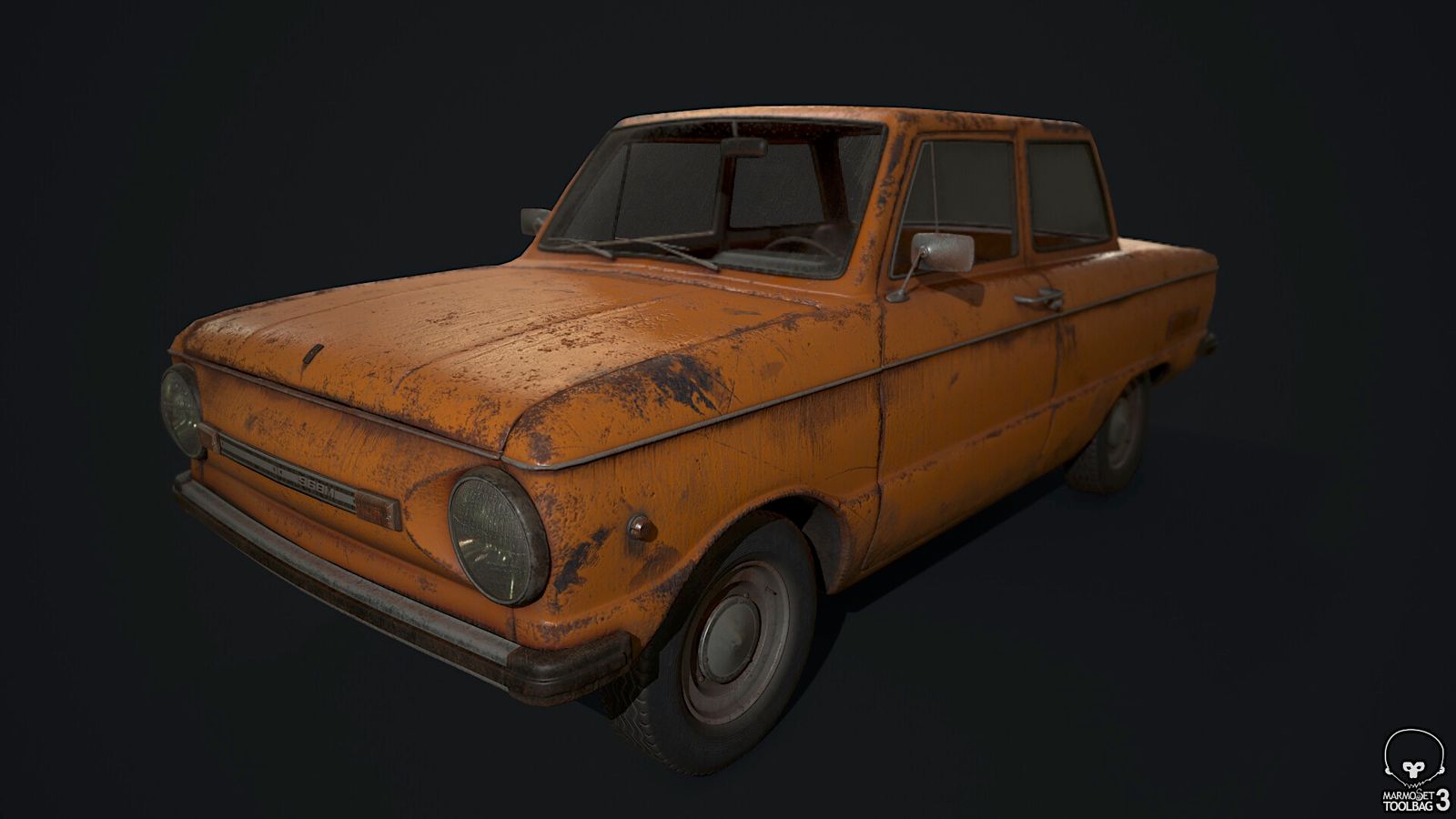 an old rusted out car on a black background