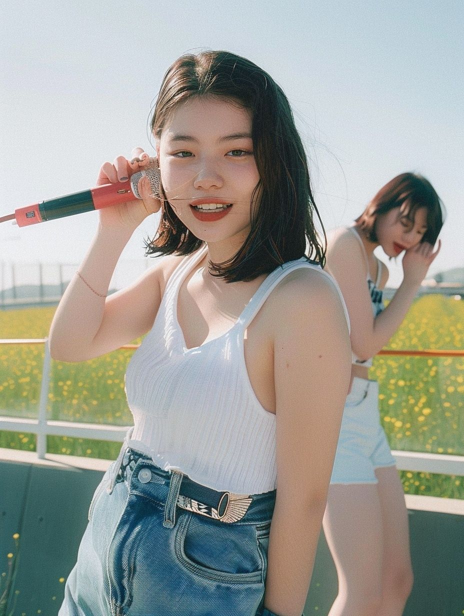 a young woman holding a baseball bat next to a field