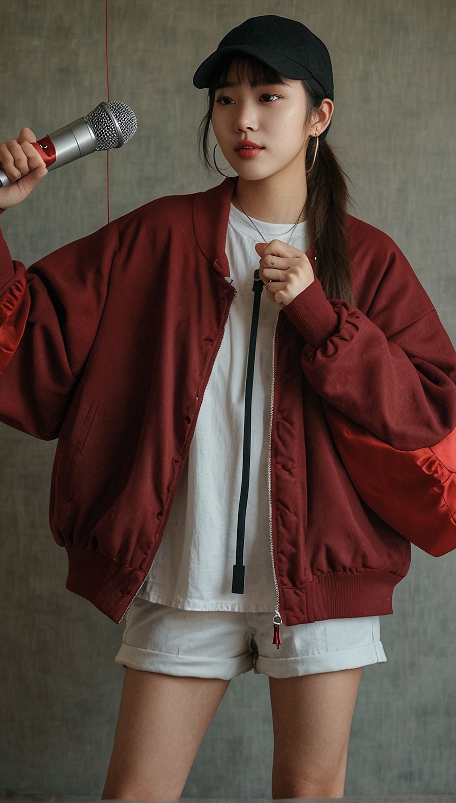 a woman in a red jacket holding a microphone