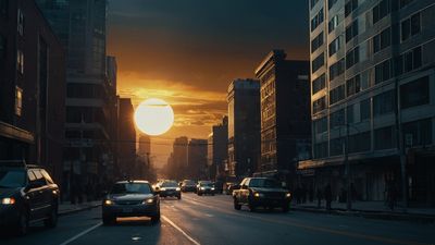 the sun is setting over a city street