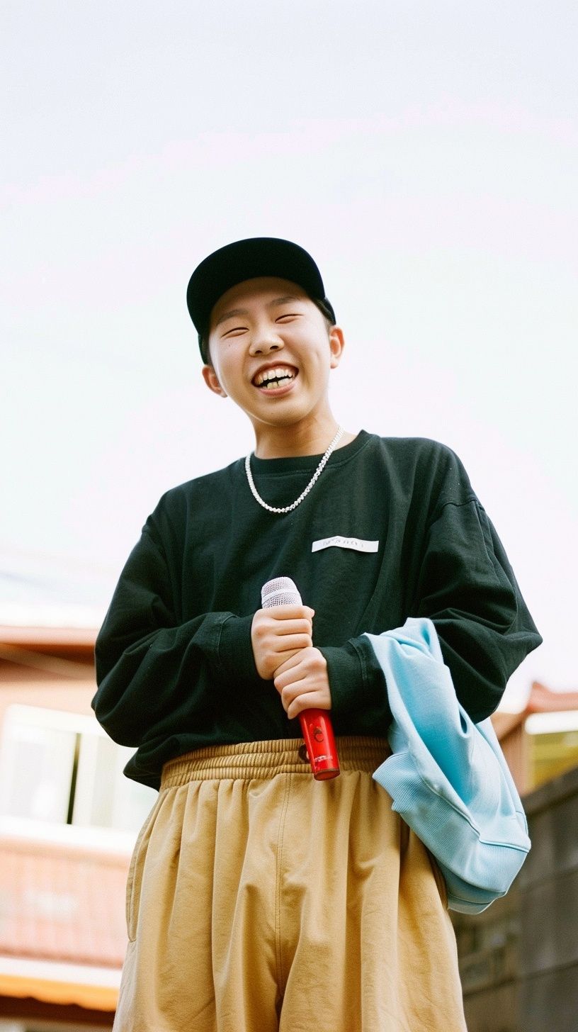 a man in a black shirt and tan shorts holding a microphone