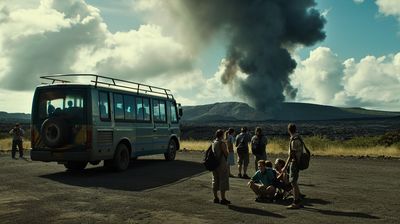 a group of people standing in front of a bus