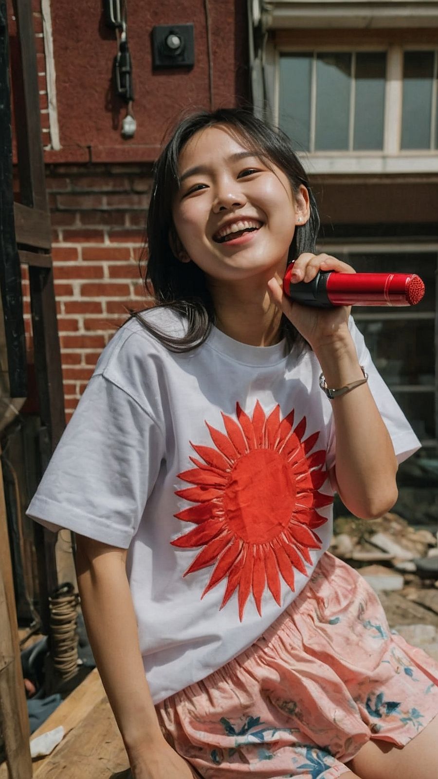 a woman sitting on the ground holding a red object