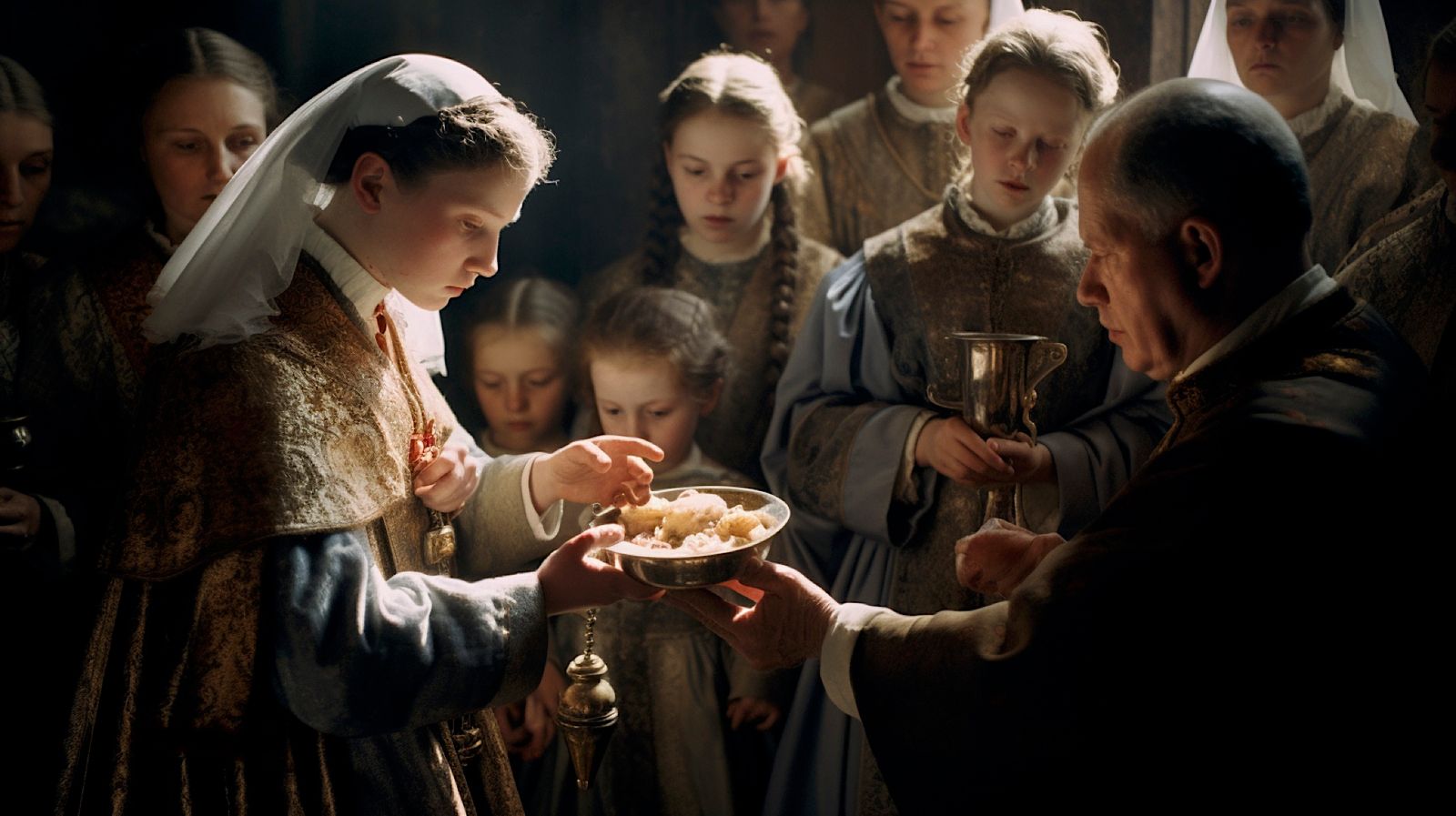 a group of people standing around a woman holding a plate of food