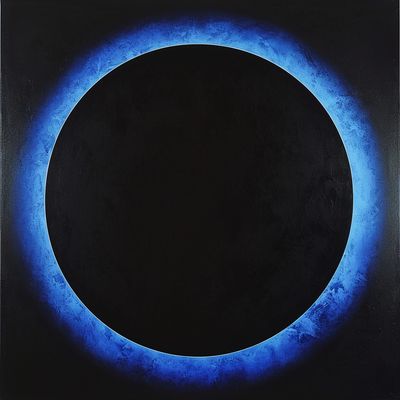 a painting of a blue ring of fire on a black background