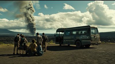 a group of people standing in front of a bus