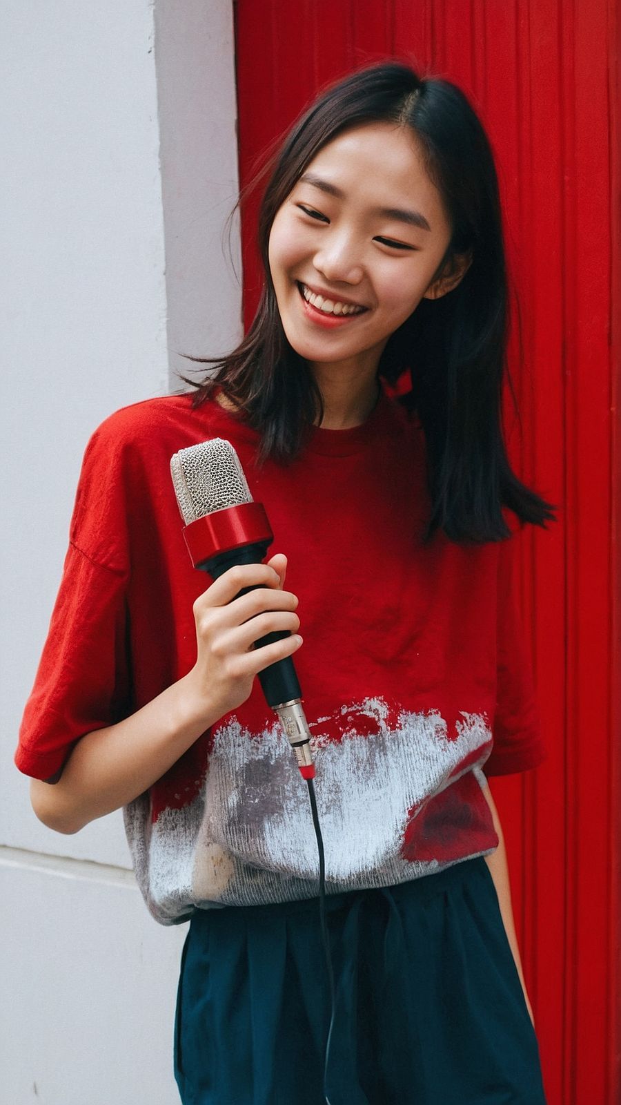 a woman standing next to a red wall holding a microphone