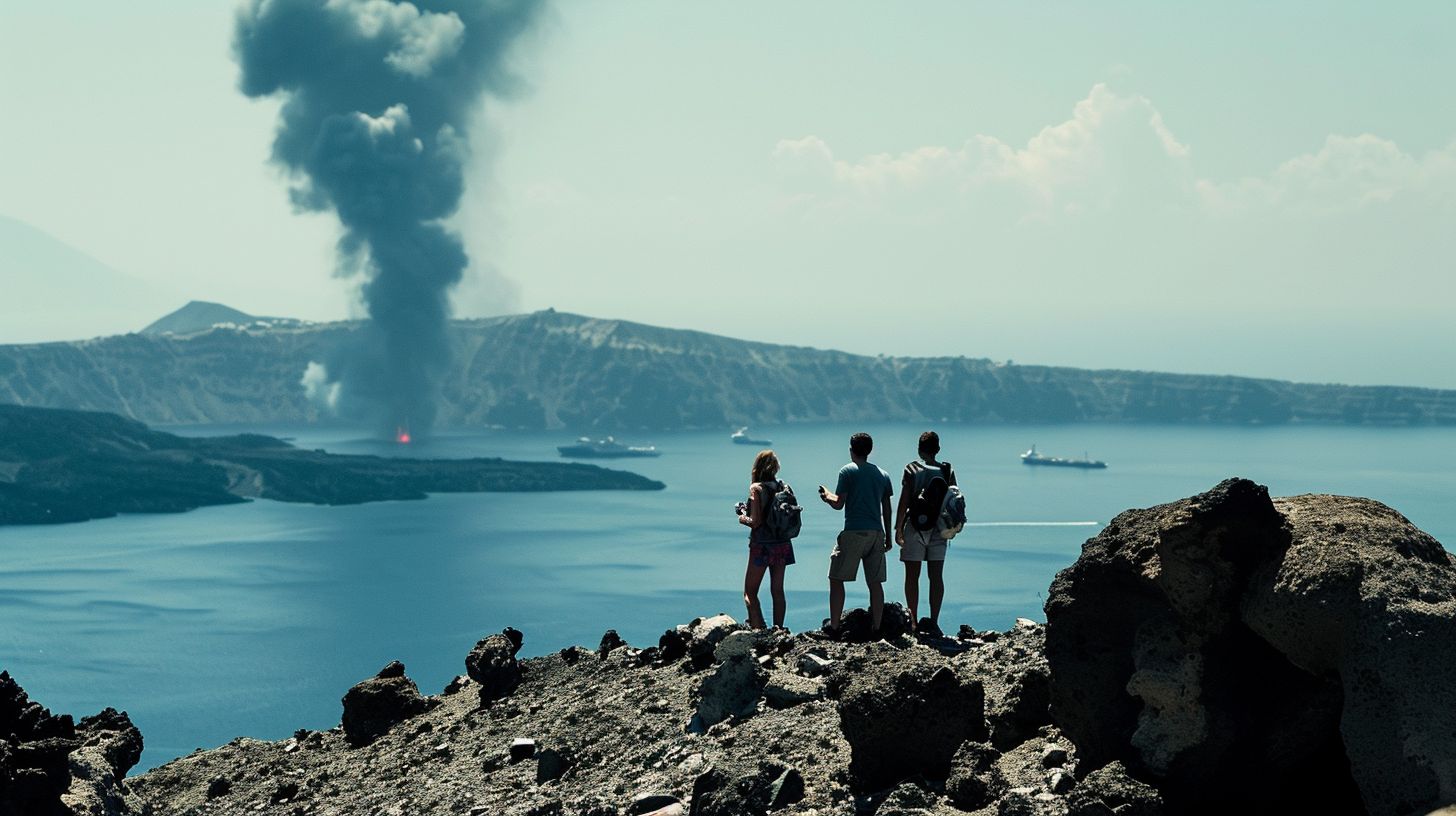 a group of people standing on top of a rocky hill