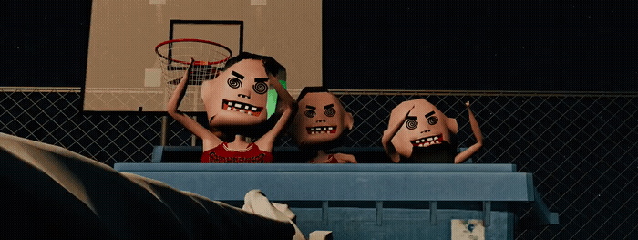 a group of cartoon heads sitting on top of a basketball court