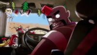 a cartoon character is driving a car with another character in the background