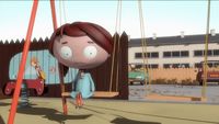 a cartoon character swinging on a swing set