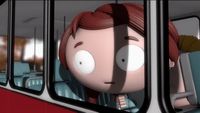 a cartoon character looking out the window of a bus