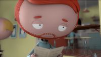 a cartoon character with red hair reading a book