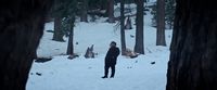 a man standing in the snow between two trees