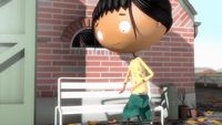 a cartoon character standing in front of a white bench