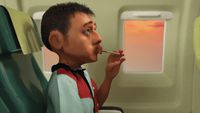 a young boy smoking a cigarette on an airplane