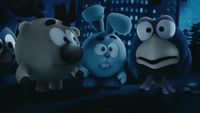 a group of cartoon characters standing in front of a city at night