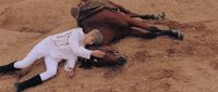 a person laying on the ground next to a horse