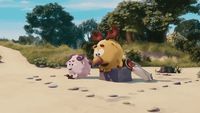 a couple of cartoon animals standing on top of a dirt road