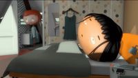 a cartoon character laying on a bed in a bedroom