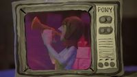 a picture of a woman holding a megaphone in front of a tv