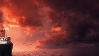 a large boat floating on top of a body of water under a cloudy sky