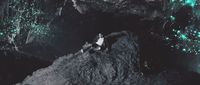 a man standing on top of a rock next to a cave