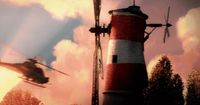 a painting of a helicopter flying over a lighthouse